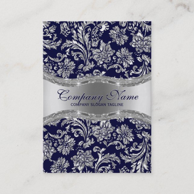Navy Blue & Metallic Silver Vintag Damasks Visitenkarte (Vorderseite)