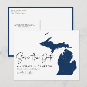 Navy Blue Michigan Map QR Code Save the Date Ankündigungspostkarte