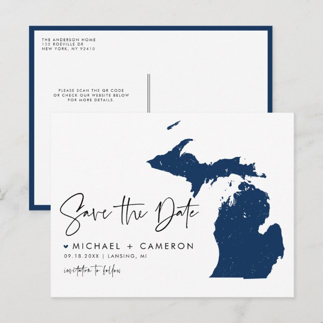 Navy Blue Michigan Map QR Code Save the Date Ankündigungspostkarte (Vorne/Hinten)