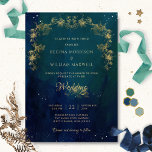 Navy Blue Mid Summer Night Dream Celestiding Weddi Einladung<br><div class="desc">Delight your guests with this elegant and unique starry celestial wedding einladung with gorgeous blue, navy, green and teal celestial background with dainty stars and delicate fagilded botanical garlands in golden hues. Ability to change and customize all text Sektionen to suit your needs. Easy to fill in Template. Magical design...</div>