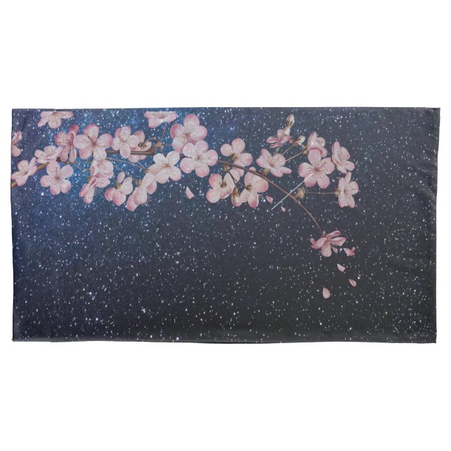 Navy Blue Milkyway Nightsky Galaxy Cherry Blossom Kissenbezug (Vorderseite)