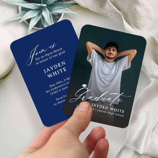 Navy Blue Mini Modern Script Photo Graduation Begleitkarte (Navy Blue Mini Modern Script Photo Graduation Enclosure Card)
