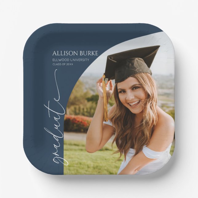 Navy Blue Minimal Minimalist Photo Arch Graduation Pappteller (Vorderseite)