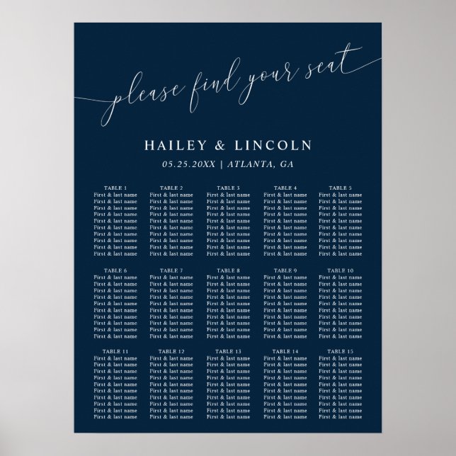 Navy Blue Minimal Wedding Seating Chart Poster (Vorne)