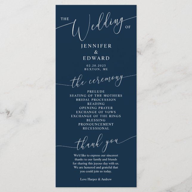 Navy Blue Minimal Wedding Zeremony Programm (Vorderseite)