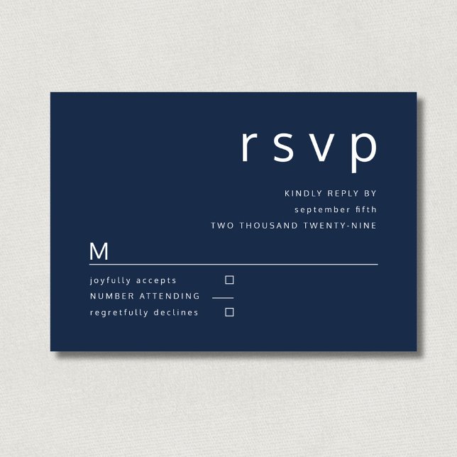 Navy Blue Minimalist Typography Wedding RSVP Karte (Von Creator hochgeladen)