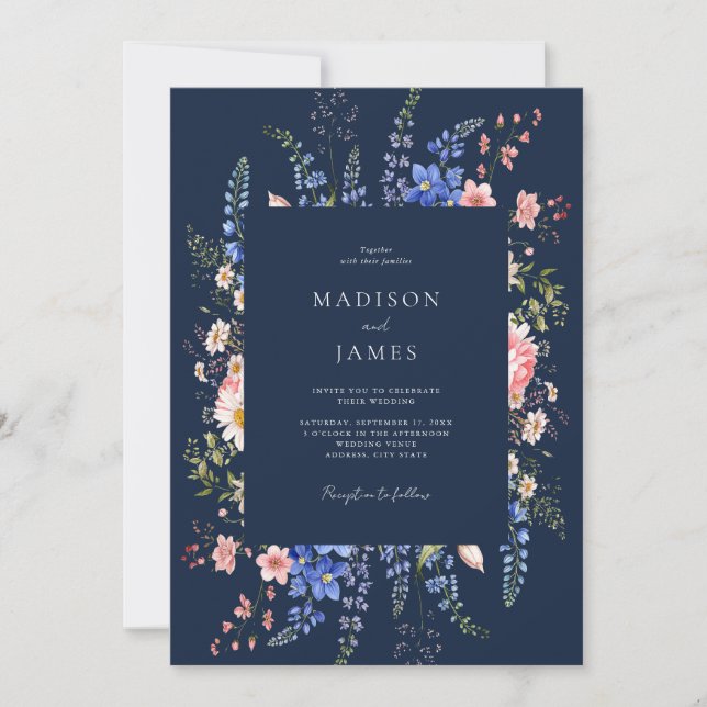 Navy Blue Minimalist Wildflower Floral Wedding Einladung (Vorderseite)