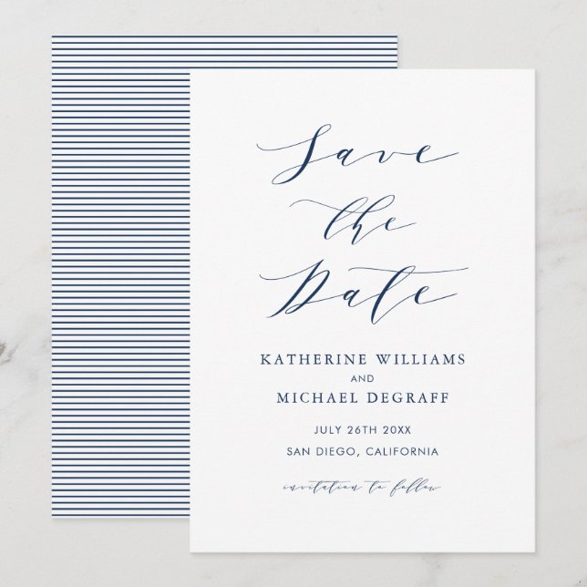 Navy Blue Minimalistisch Dainty Script Save The Date (Vorne/Hinten)