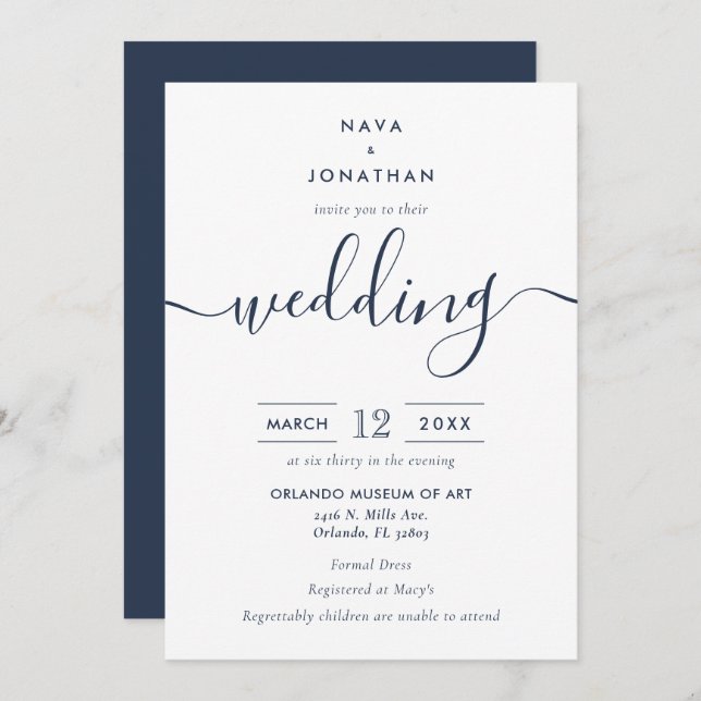 Navy Blue Minimalistisch Modern Script Wedding Einladung (Vorne/Hinten)