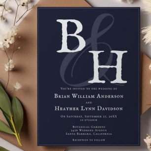 Navy Blue Minimalistisch Monogram Wedding Einladung