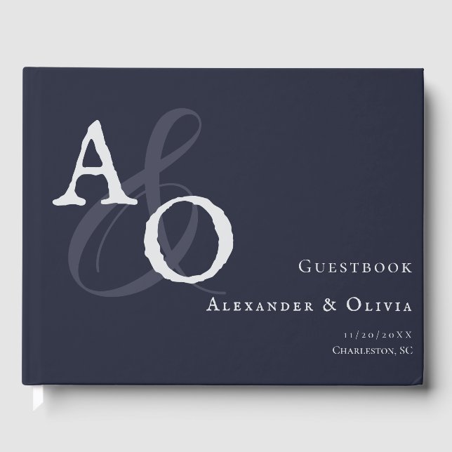 Navy Blue Minimalistisch Monogram Wedding Gästebuch (Vorderseite)