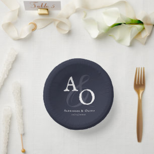 Navy Blue Minimalistisch Monogram Wedding Pappteller