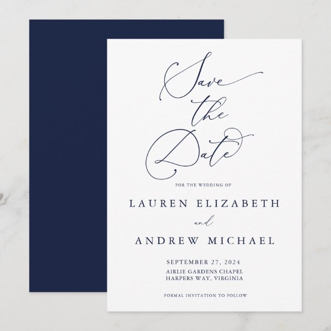 Navy Blue Minimalistisch Save the Date Einladung (Vorne/Hinten)