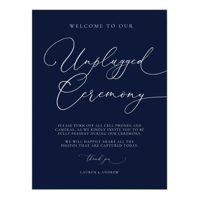 Navy Blue Minimalistisch Wedding Unplugged Zeremon Poster (Vorderseite)