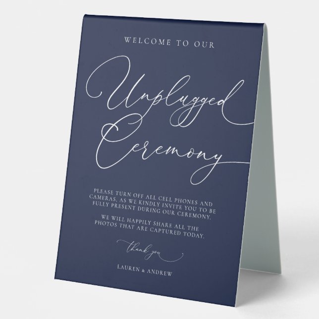 Navy Blue Minimalistisch Wedding Unplugged Zeremon Tischaufsteller (Vorderseite)
