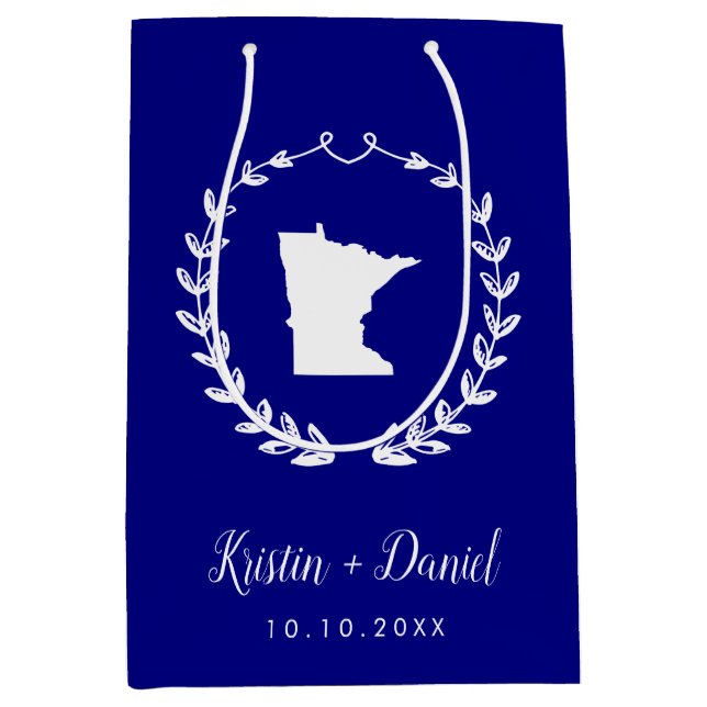 Navy Blue Minnesota Map Wedding Welcome Swag Mittlere Geschenktüte (Vorderseite)