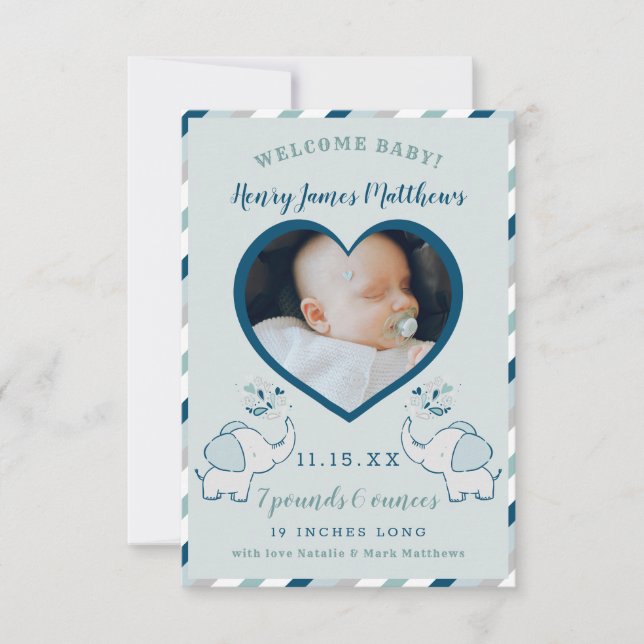 Navy Blue & Mint Elephant Baby Boy Foto Birth Ankündigung (Vorderseite)