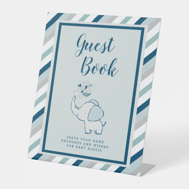 Navy Blue & Mint Elephant Baby Shower Guest Book Sockelschild (Vorderseite)