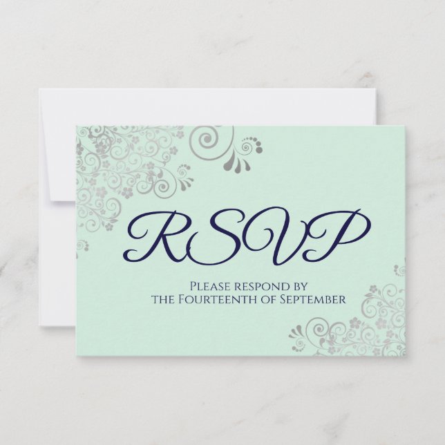 Navy Blue & Mint Green Elegant Silver Lace Wedding RSVP Karte (Vorderseite)