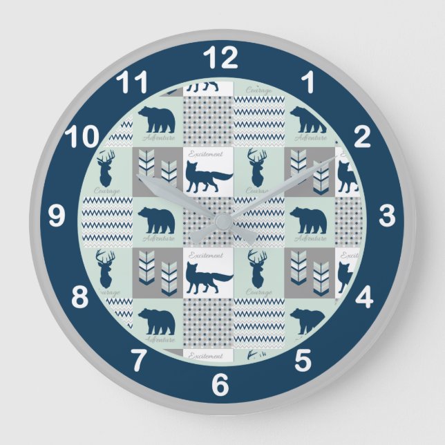 Navy Blue, Mint Green Woodland Tiere Große Wanduhr (Vorderseite)