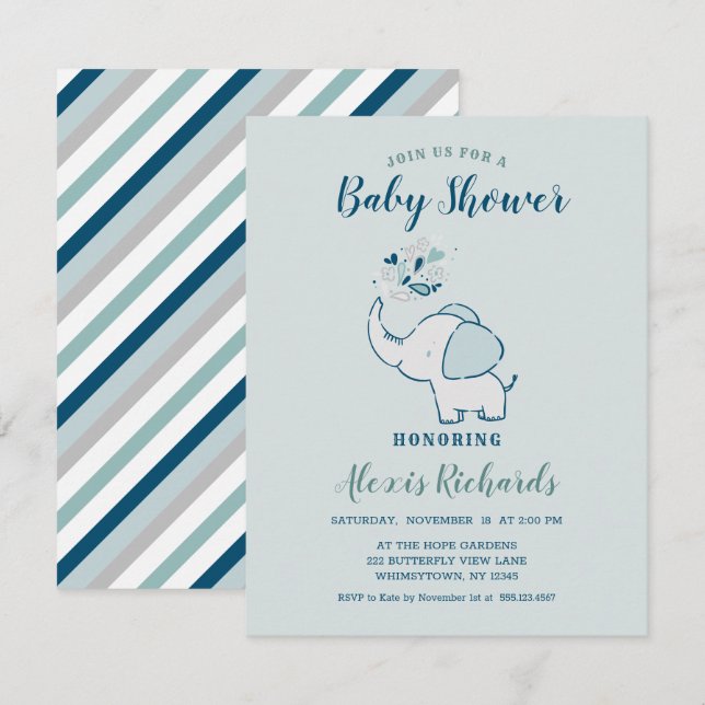 Navy Blue & Mint Niedlich Elephant Themed Baby Dus Einladung (Vorne/Hinten)