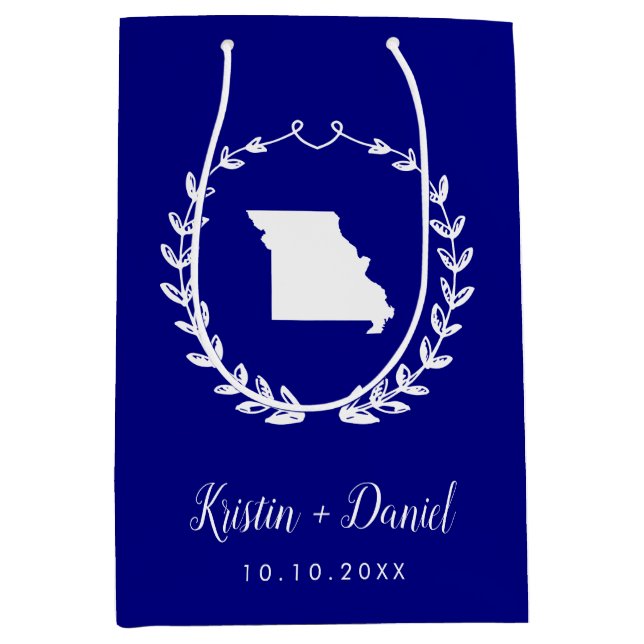 Navy Blue Missouri Map Wedding Welcome Swag Mittlere Geschenktüte (Vorderseite)