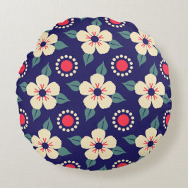 Navy Blue mit Creme-Blume Rundes Kissen