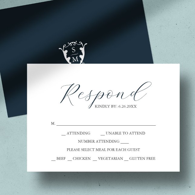 Navy Blue mit Meal Choice Monogram RSVP Cards (custom monogram wedding rsvp card navy blue)