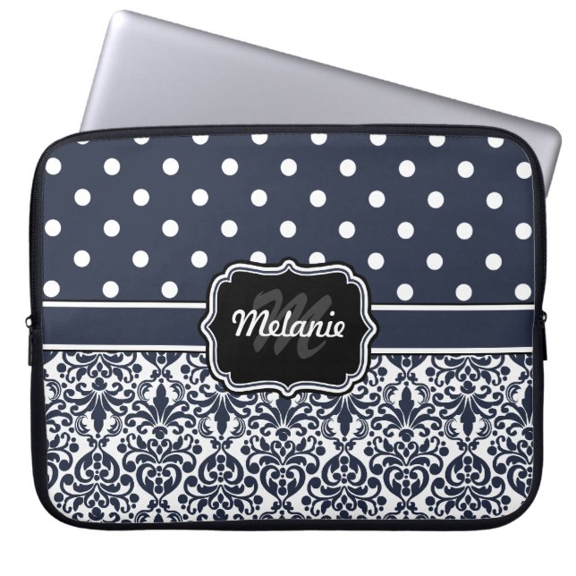 Navy Blue Mit Monogramm Damask Polka Dot Laptopschutzhülle (Vorderseite)