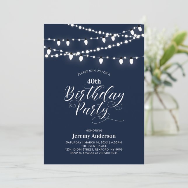 Navy Blue Modern 40. Adult Birthday Party Einladung (Stehend Vorderseite)