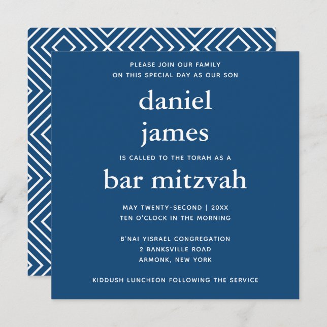 Navy Blue Modern Bar Mitzvah Carré Invitation (Devant / Derrière)