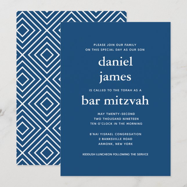 Navy Blue Modern Bar Mitzvah II Einladung (Vorne/Hinten)