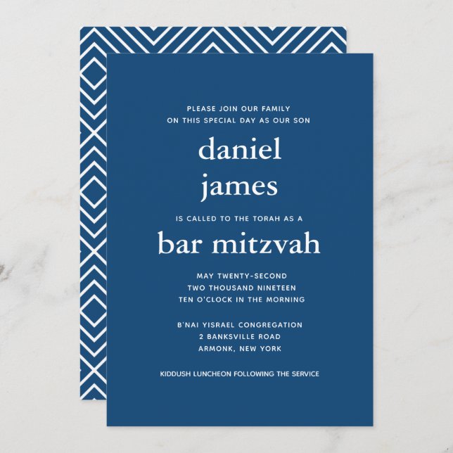Navy Blue Modern Bar Mitzvah II Invitation (Devant / Derrière)