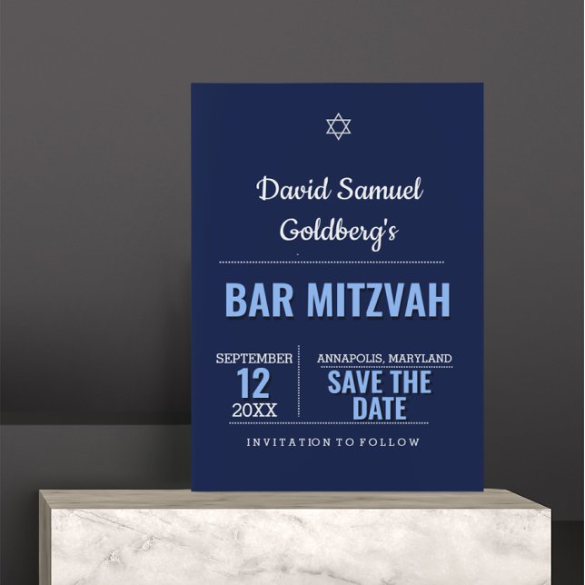Navy Blue Modern Bar Mitzvah Save the Date Card Einladung (Von Creator hochgeladen)