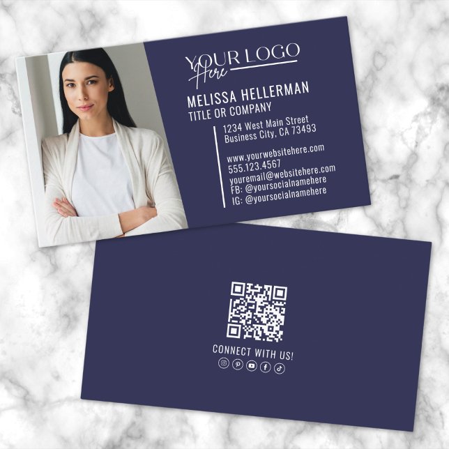 Navy Blue Modern Berufliches QR-Code-Foto-Logo Visitenkarte (Navy Blue Modern Professional QR Code Photo Logo Business Card )