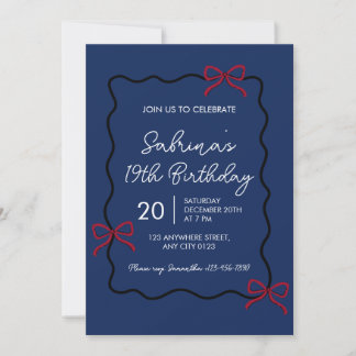 Navy Blue Modern Coquette 19th Birthday Invitation Einladung
