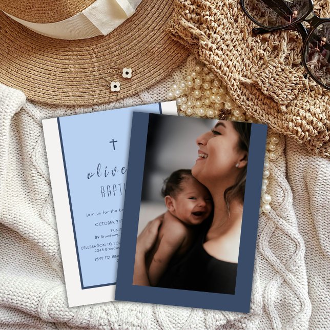 Navy Blue Modern Cross Christening Foto Taufe Einladung (Navy Blue Modern Cross Christening Photo Baptism Invitation)