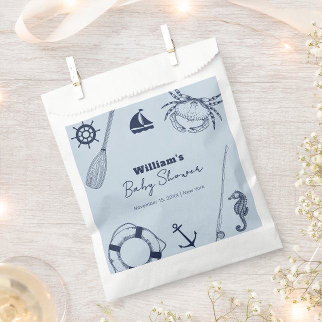 Navy Blue Modern Elegante Fishing Boy Baby Shower Geschenktütchen (Ausgeschnitten)