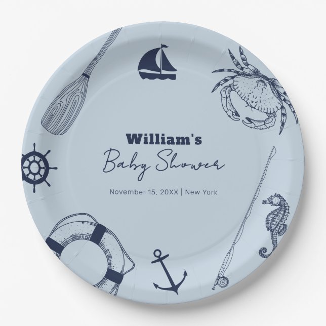 Navy Blue Modern Elegante Fishing Boy Baby Shower Pappteller (Vorderseite)