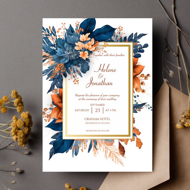 Navy Blue Modern Elegante Floral Boho Hochzeit Einladung (Modern Elegant Floral Boho Wedding Invitation)