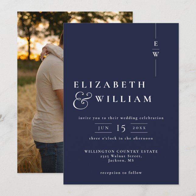Navy Blue Modern Elegante Monogram Foto Wedding Einladung (Vorne/Hinten)
