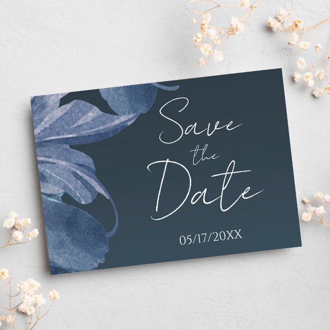 Navy Blue Modern Floral elegant Save the Date Postkarte (Von Creator hochgeladen)