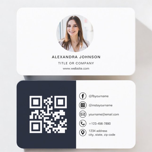 Navy Blue Modern Foto mit QR Code Social Media Visitenkarte (Von Creator hochgeladen)