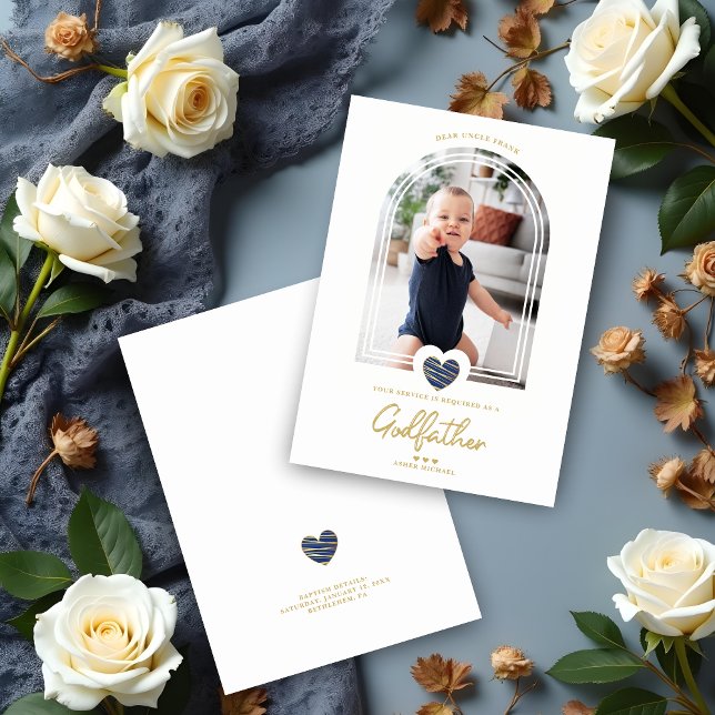 Navy Blue Modern Heart Golden Effect Godfather (Navy Blue Modern Heart Golden Fake Effect Godfather Proposal Cards.)