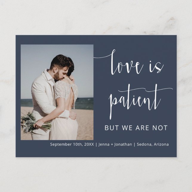 Navy Blue Modern Minimal Script Foto Elopement Postkarte (Vorderseite)