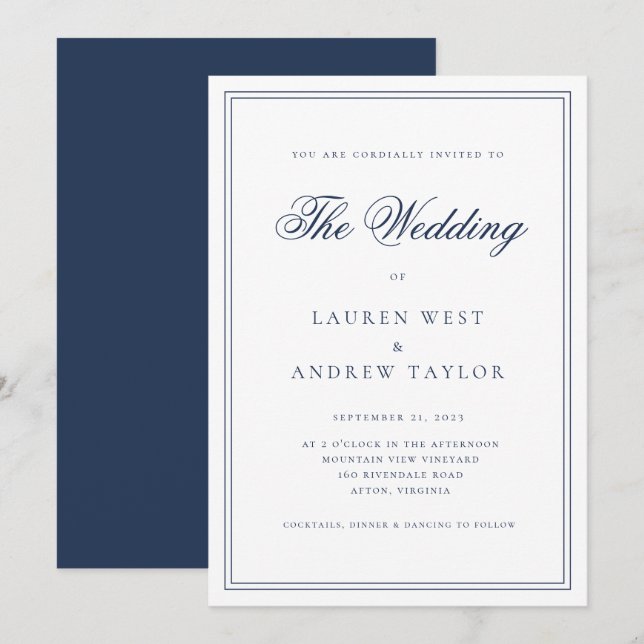 Navy Blue Modern Minimalistisch die Hochzeit von Einladung (Vorne/Hinten)