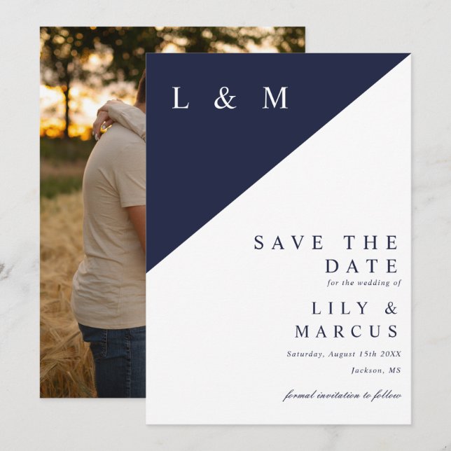 Navy Blue Modern Minimalistisch Monogram Wedding F Save The Date (Vorne/Hinten)
