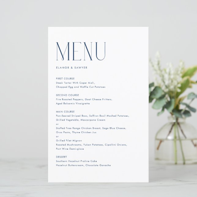 Navy Blue Modern Minimalistisch Typografy Menu Car (Stehend Vorderseite)