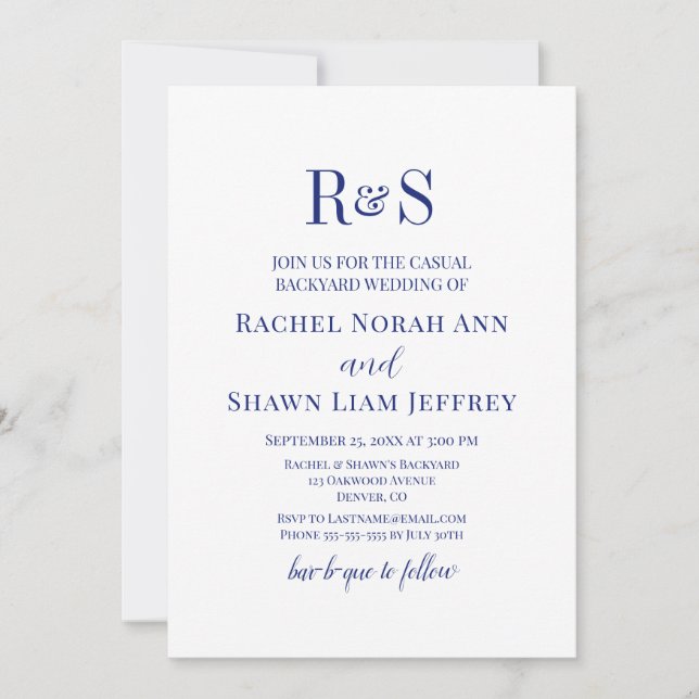 Navy Blue Modern Monogram Backyard Wedding Einladung (Vorderseite)