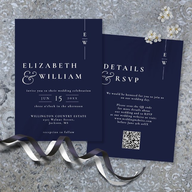 Navy Blue Modern Monogram Wedding QR Code Einladung (Navy Blue Modern Monogram Wedding QR Code Invitation)
